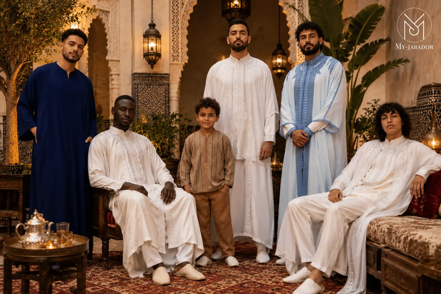 Père, fils et amis en tenues traditionnelles marocaines : jabador, gandoura et djellaba My Jabador